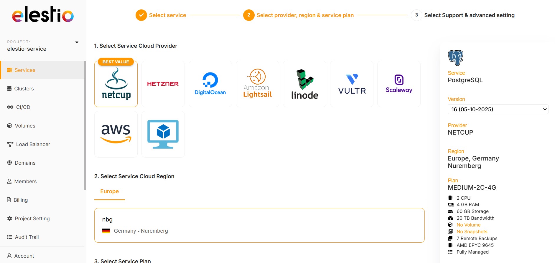 Elestio cloud providers and regions
