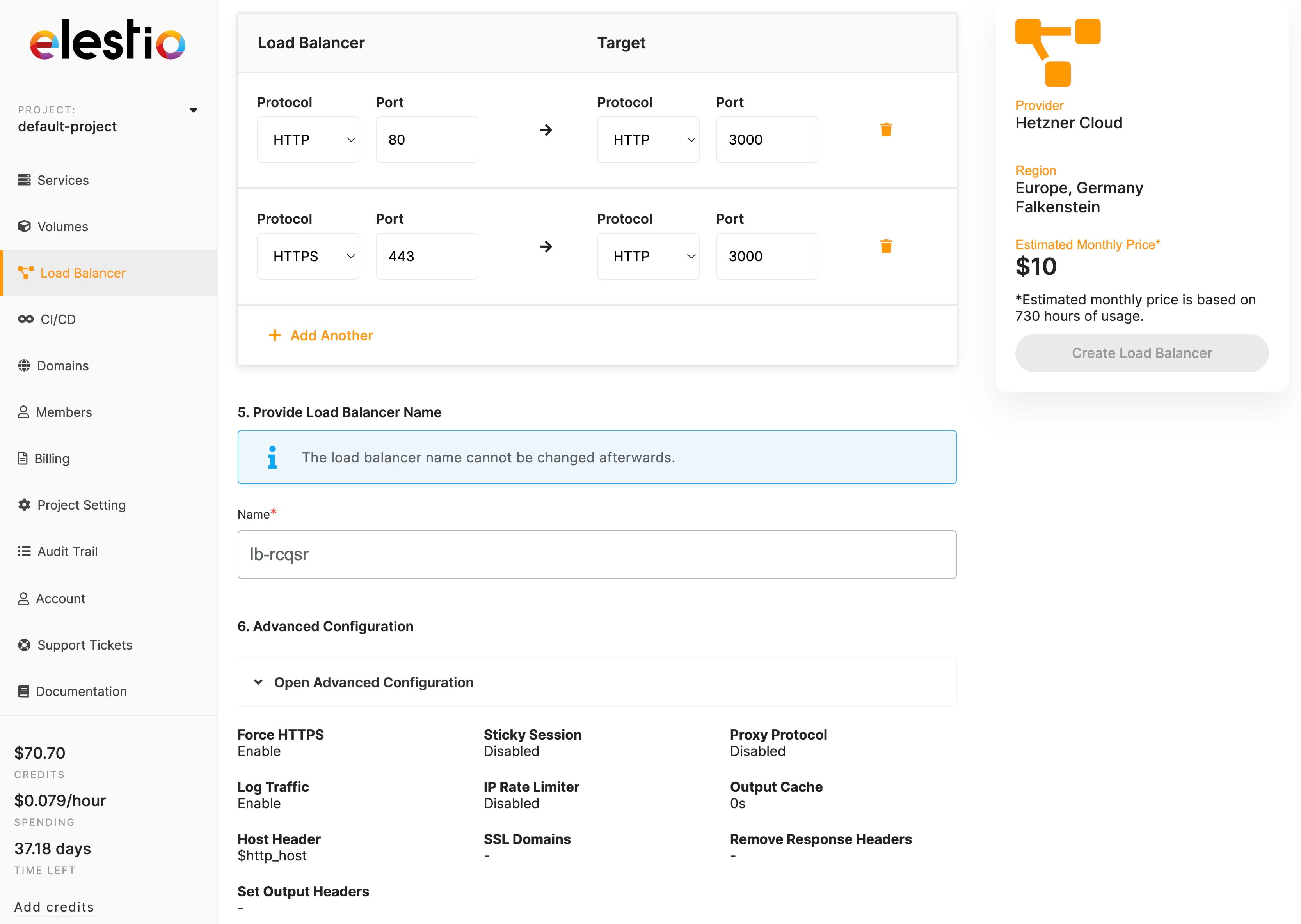 Load balance creation on Elestio