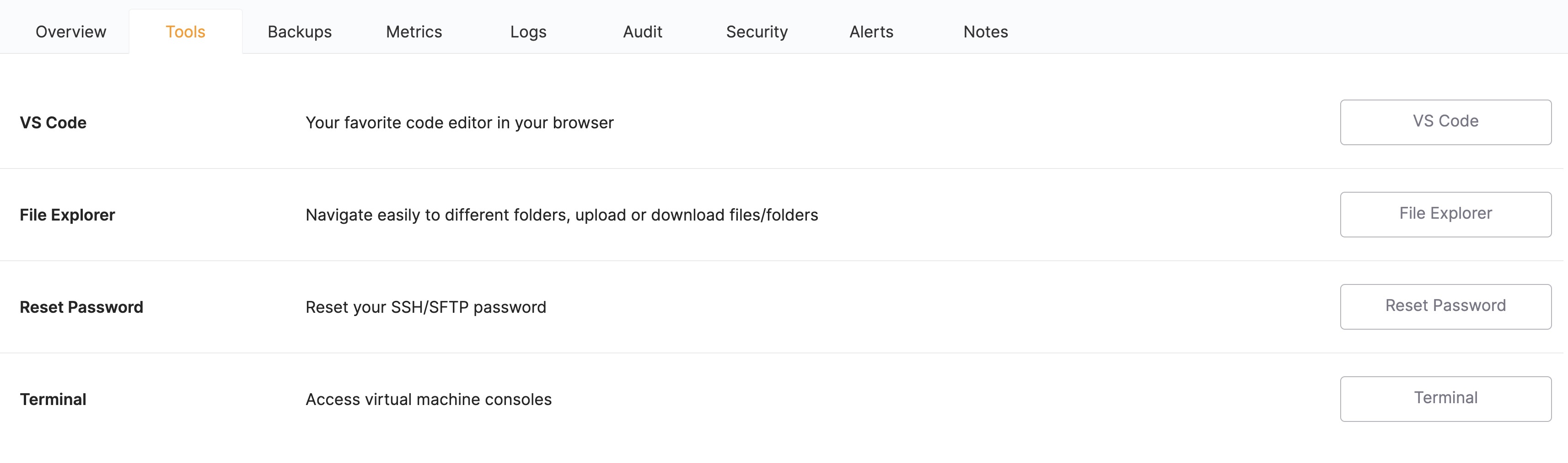 List of tools available on an Elestio instance