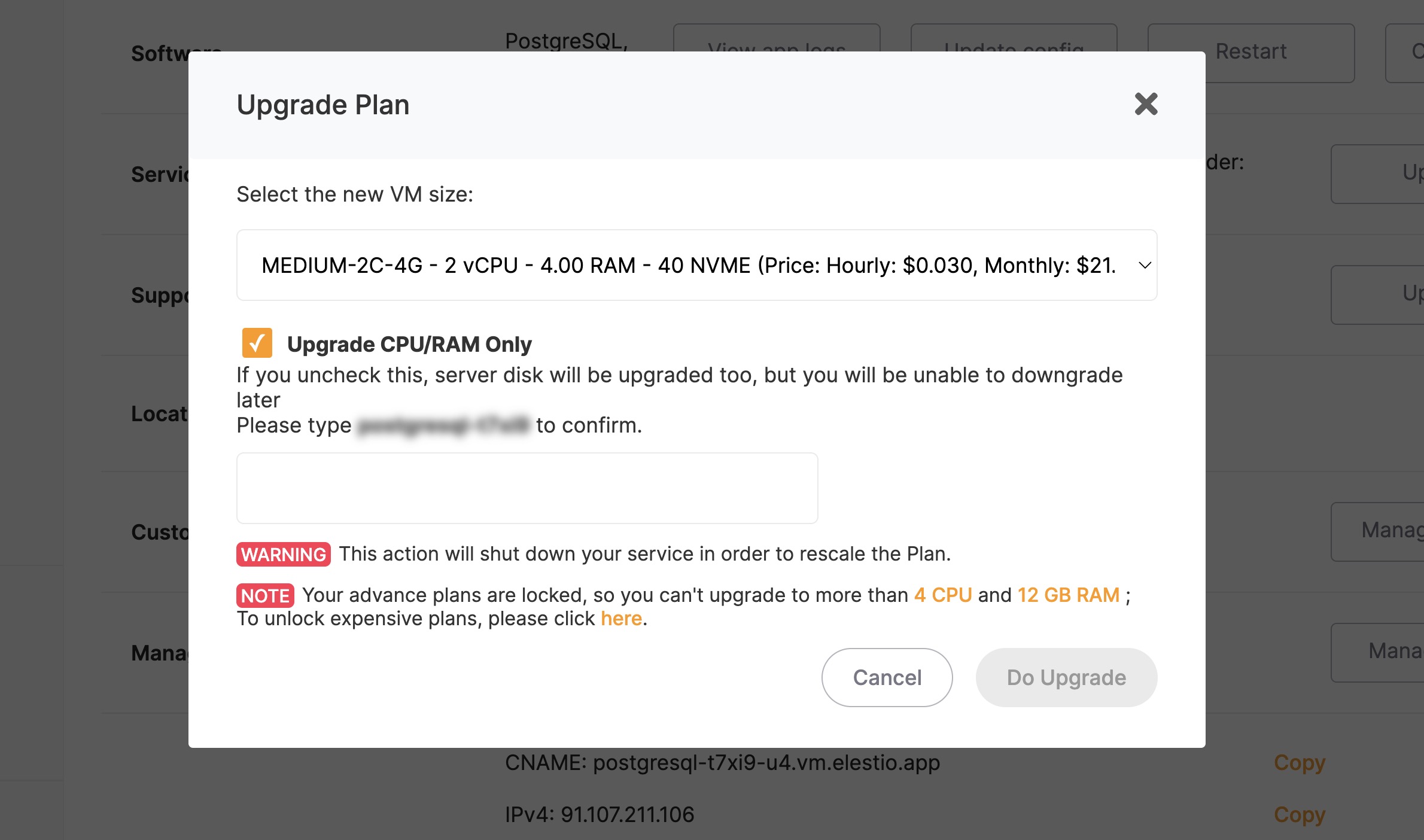 Change service plan of Superset on Elestio