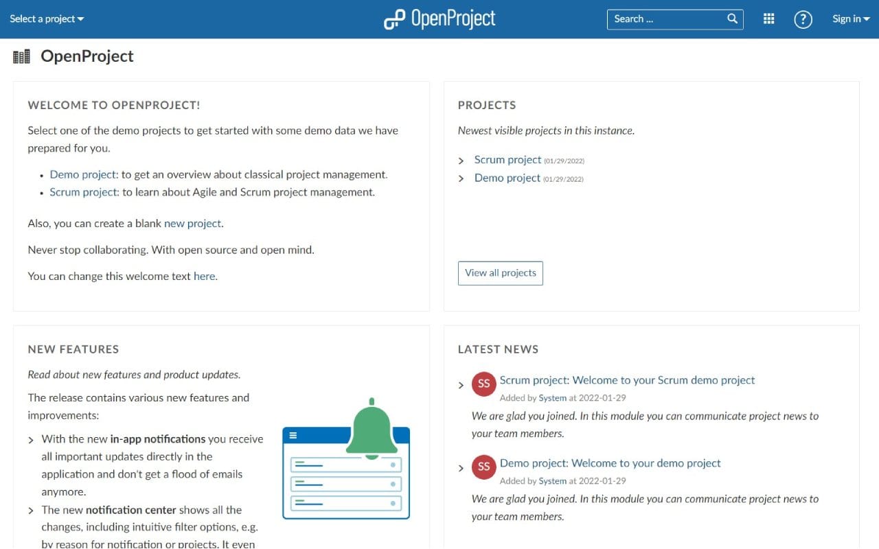 OpenProject dashboard screenshot