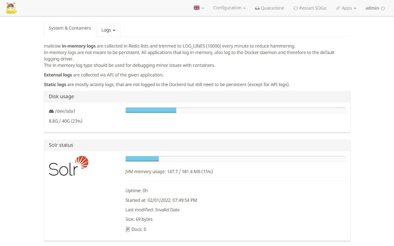 MailCow dashboard screenshot