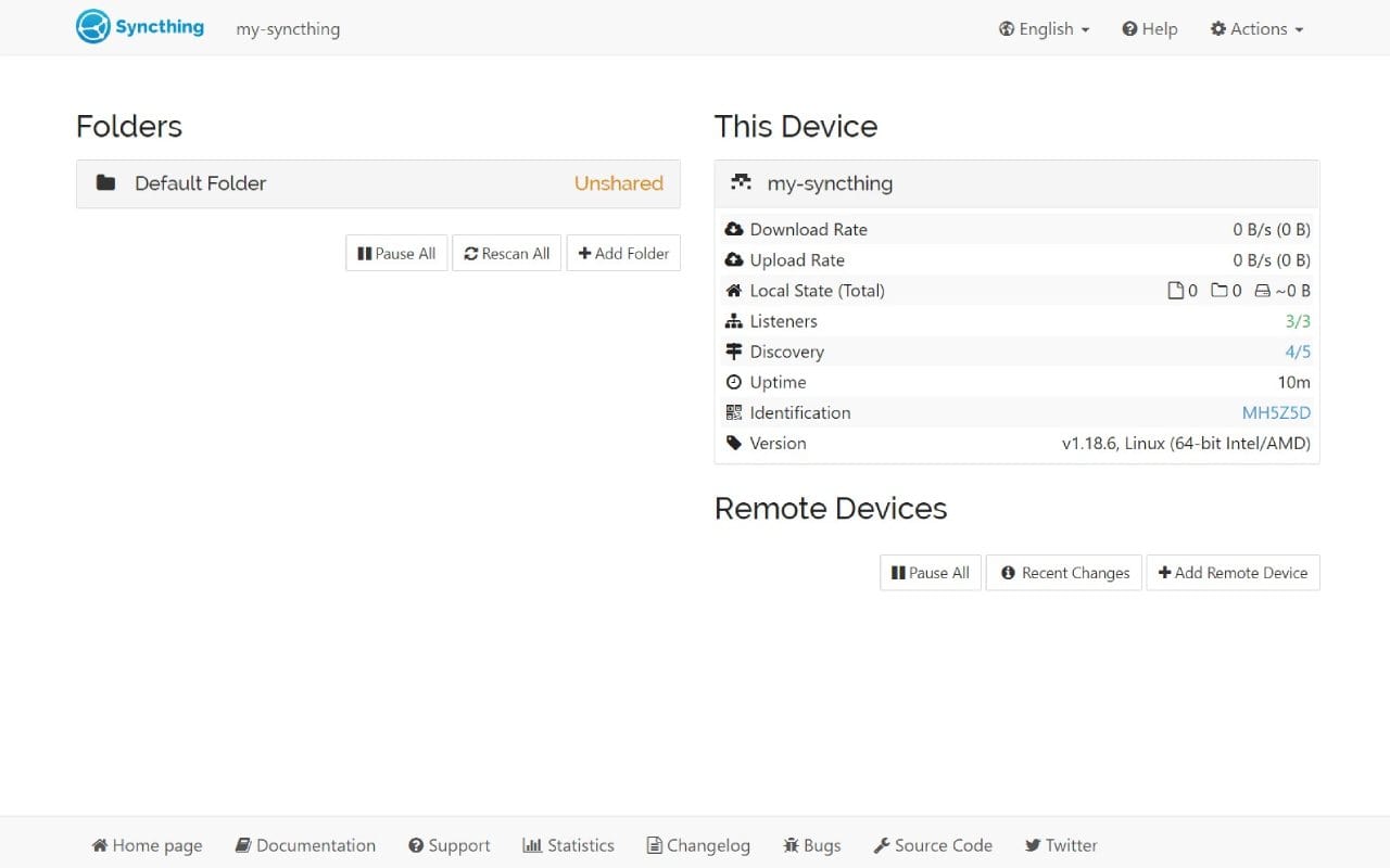 Syncthing dashboard screenshot