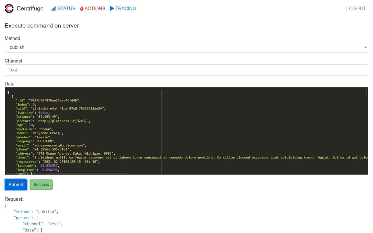 Centrifugo dashboard screenshot