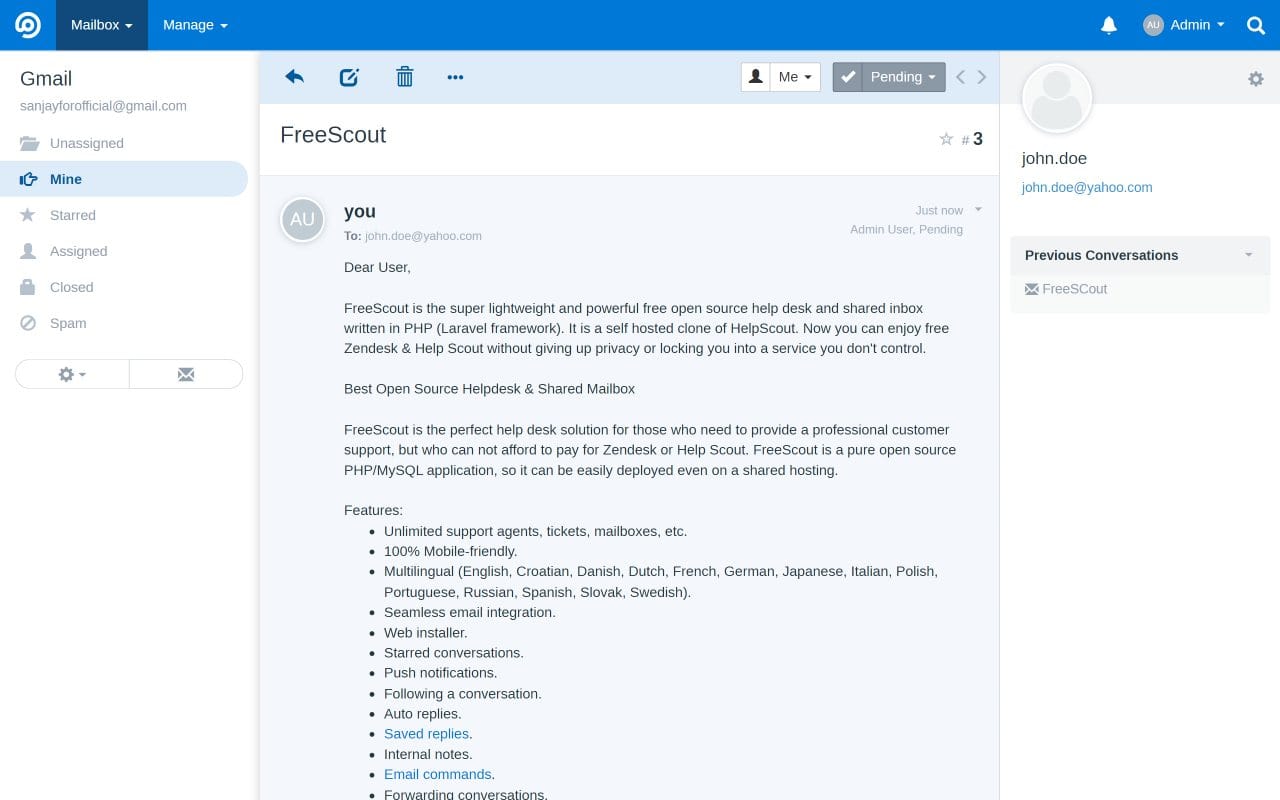 FreeScout dashboard screenshot