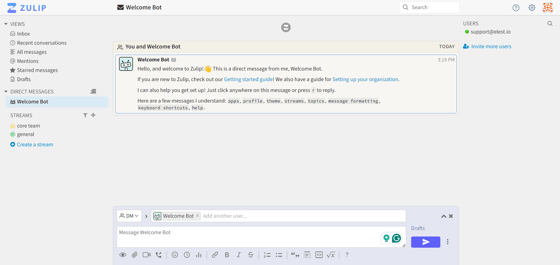 Zulip dashboard screenshot