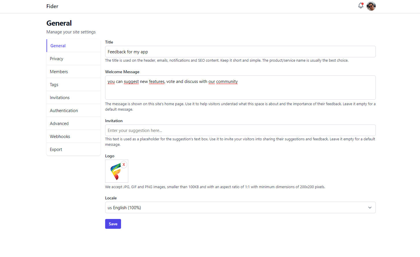 Fider dashboard screenshot