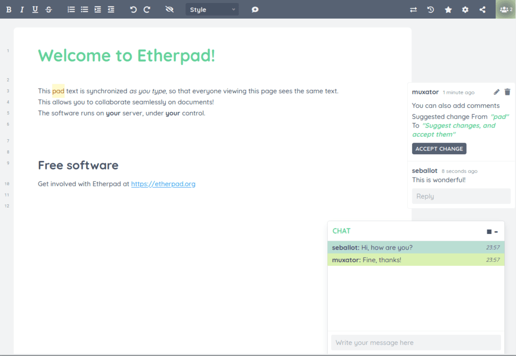 Etherpad dashboard screenshot