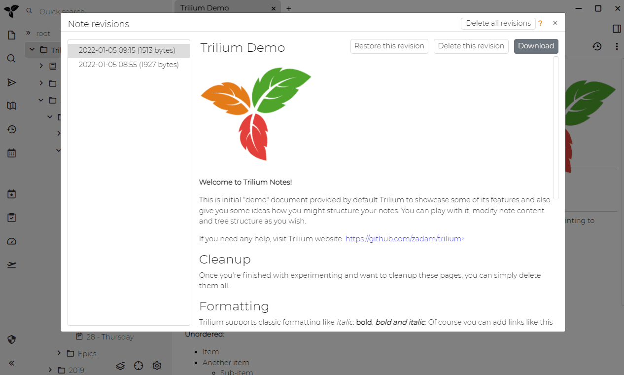 Trilium dashboard screenshot