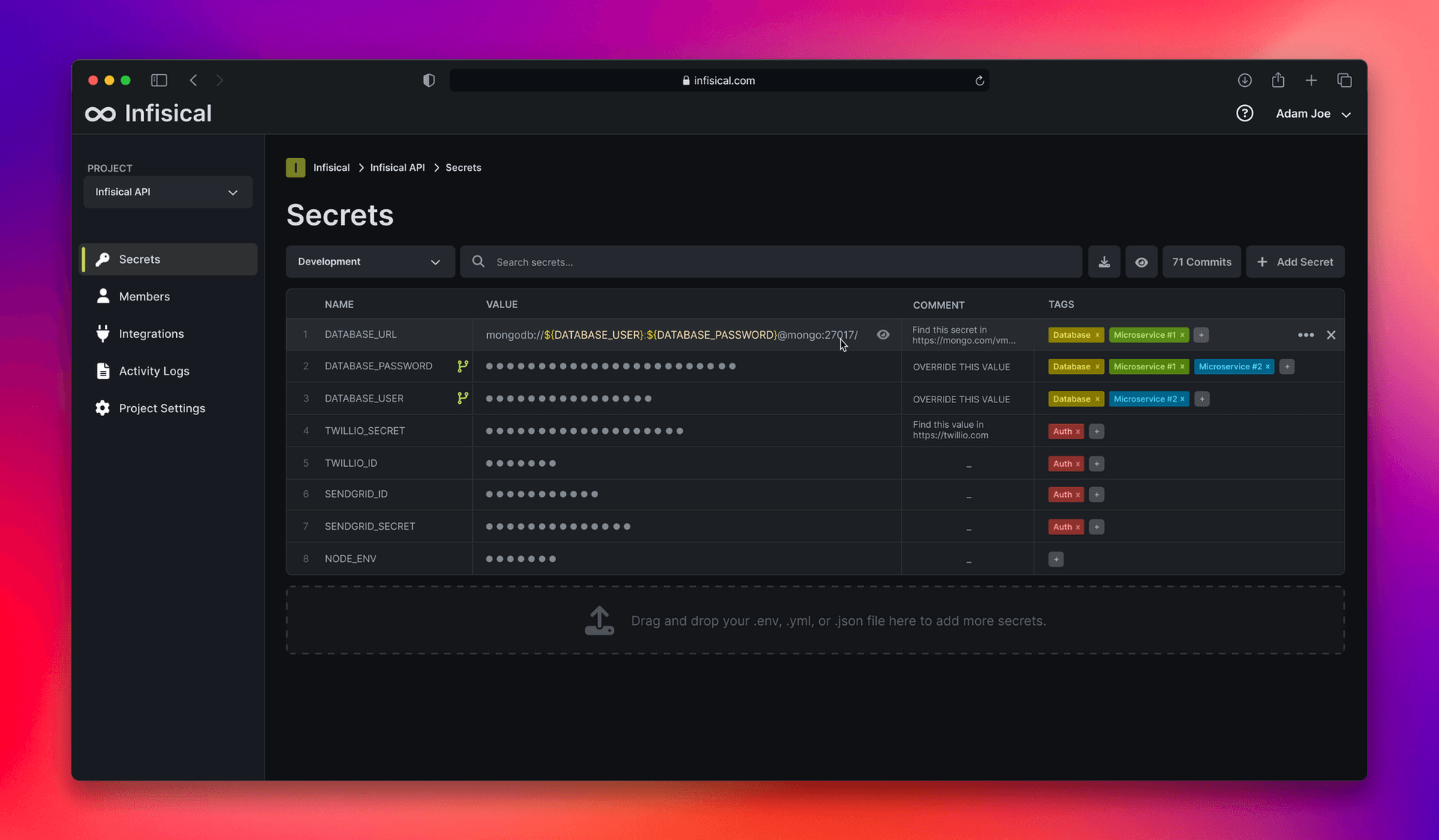 Infisical dashboard screenshot