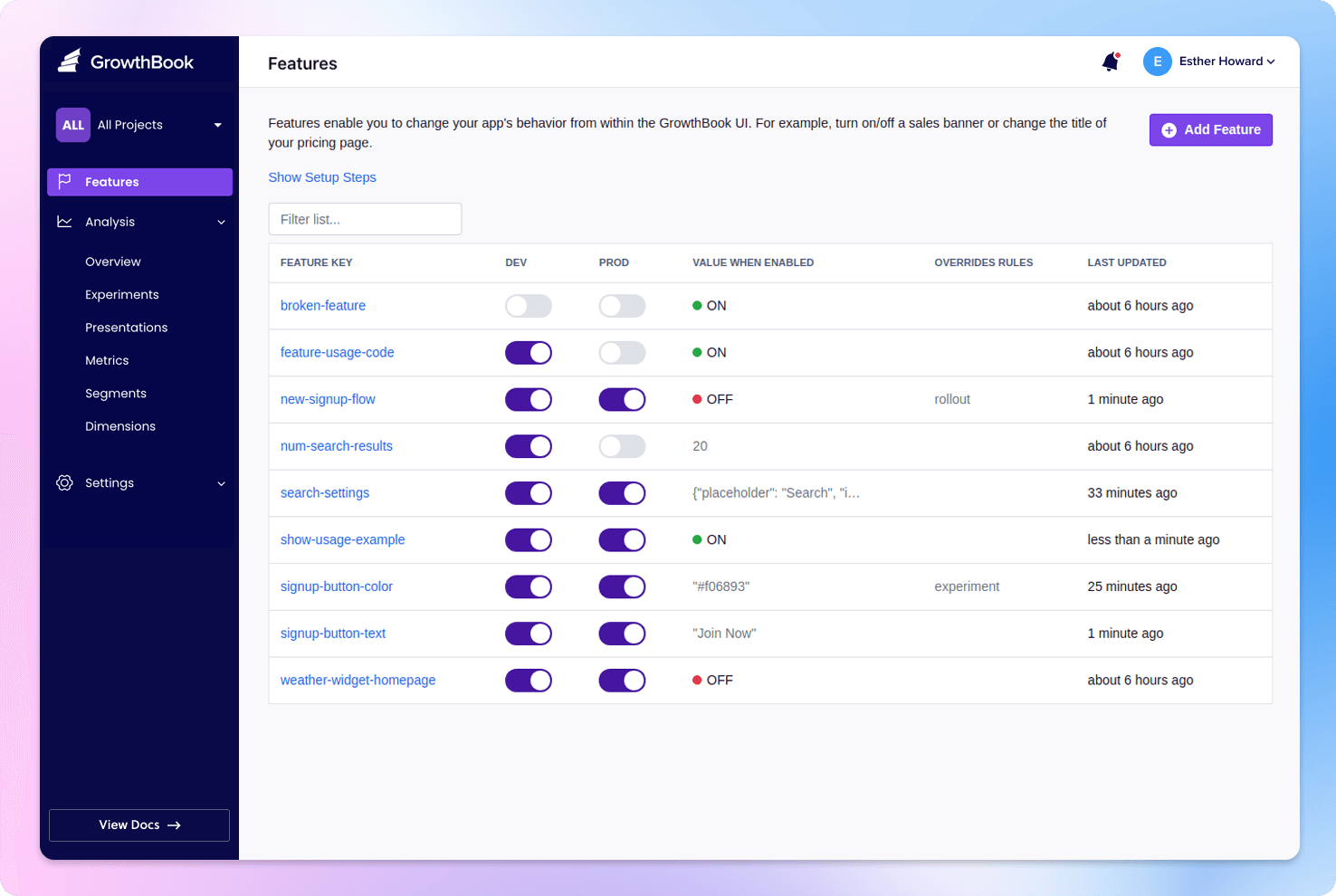 GrowthBook dashboard screenshot
