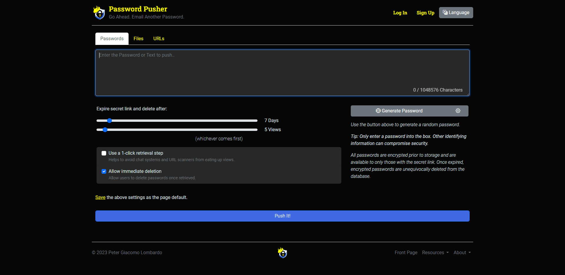 Password Pusher dashboard screenshot