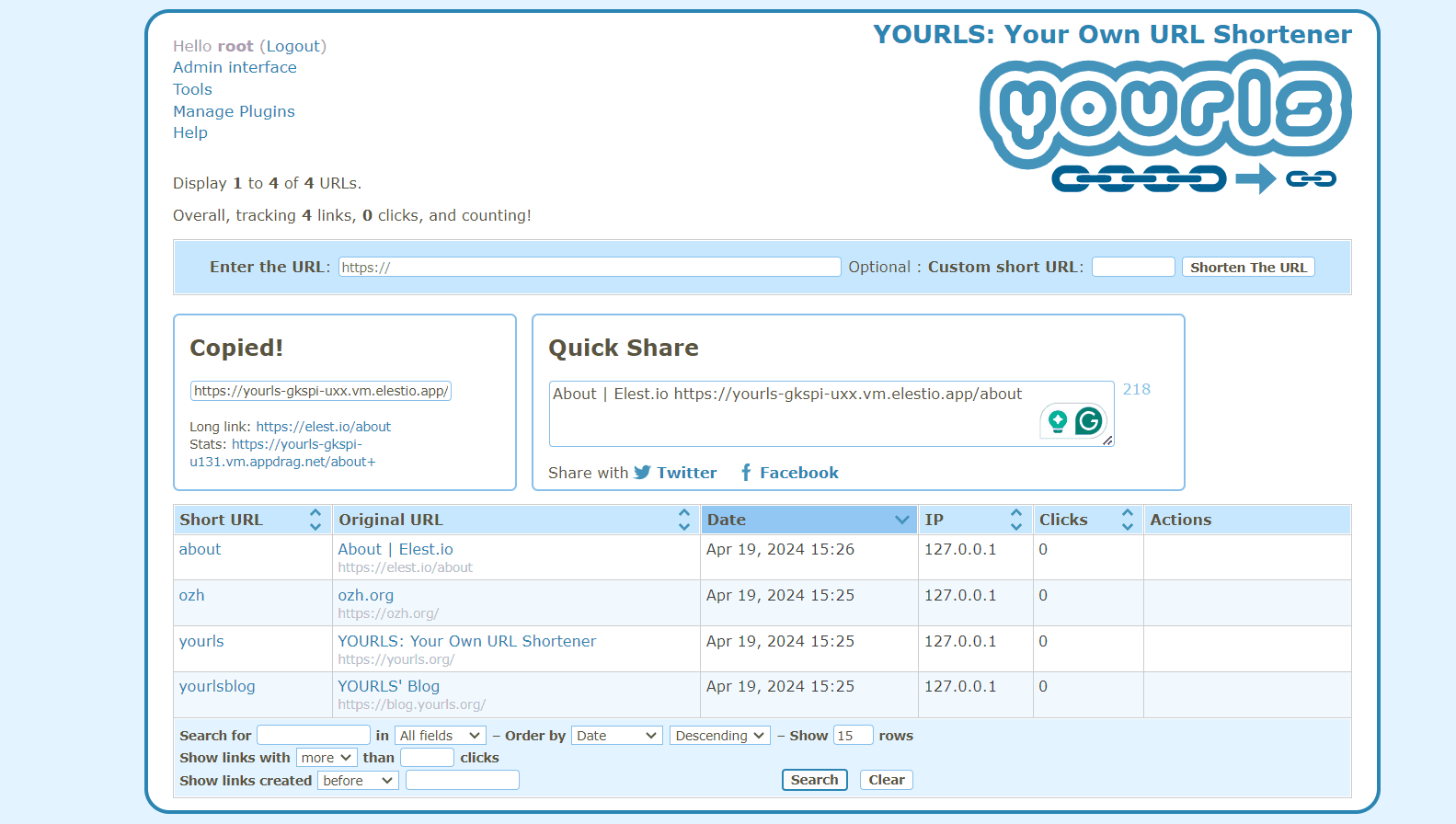 YOURLS dashboard screenshot