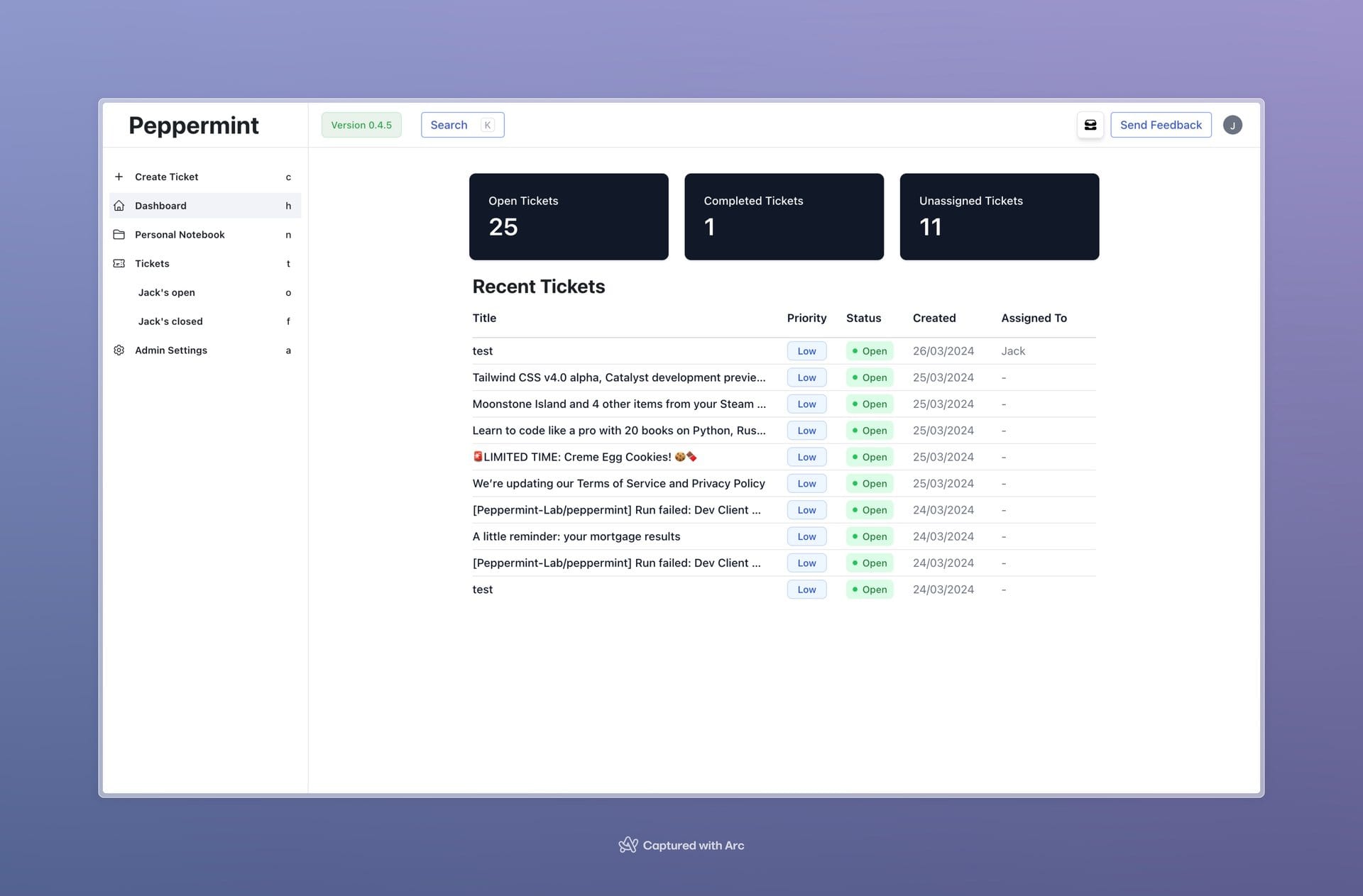 Peppermint dashboard screenshot