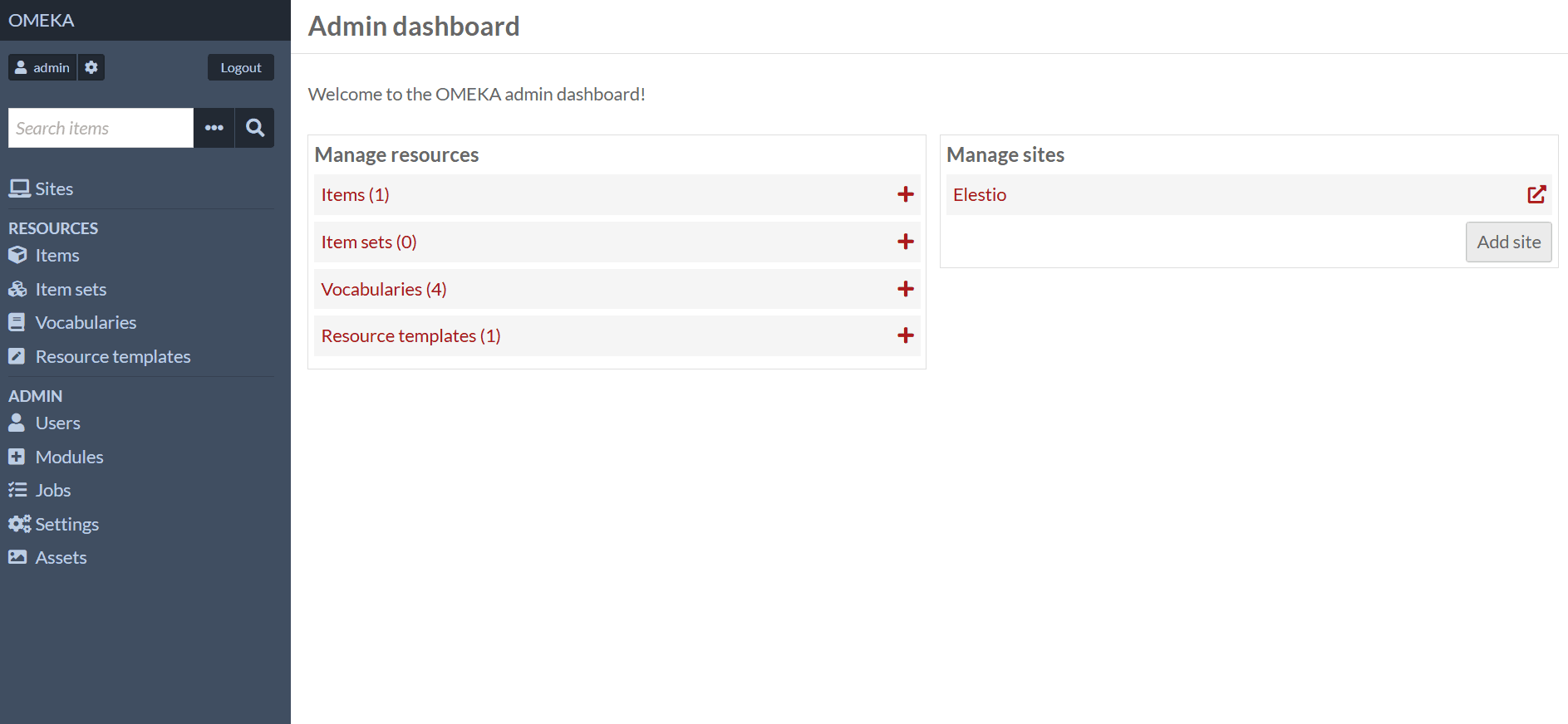 Omeka dashboard screenshot
