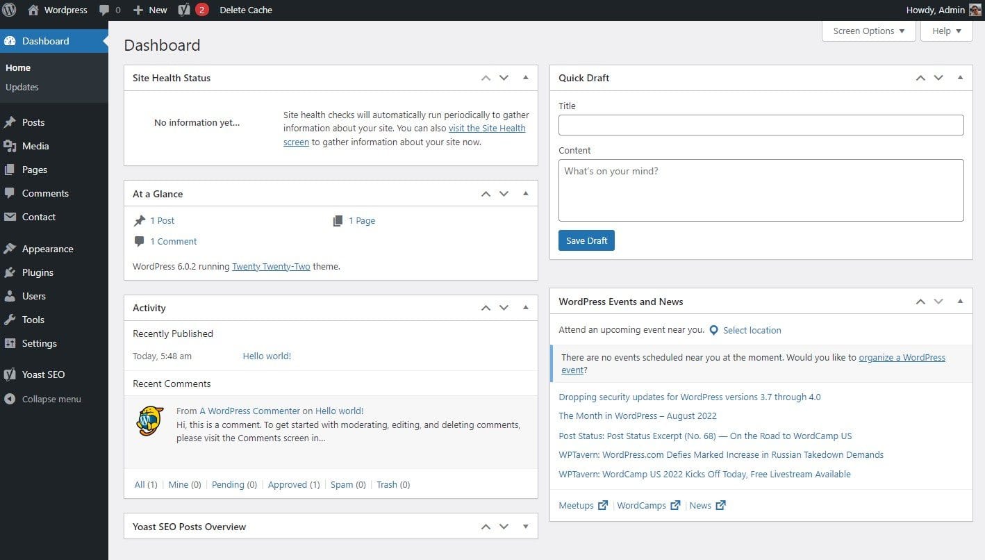 Wordpress dashboard screenshot