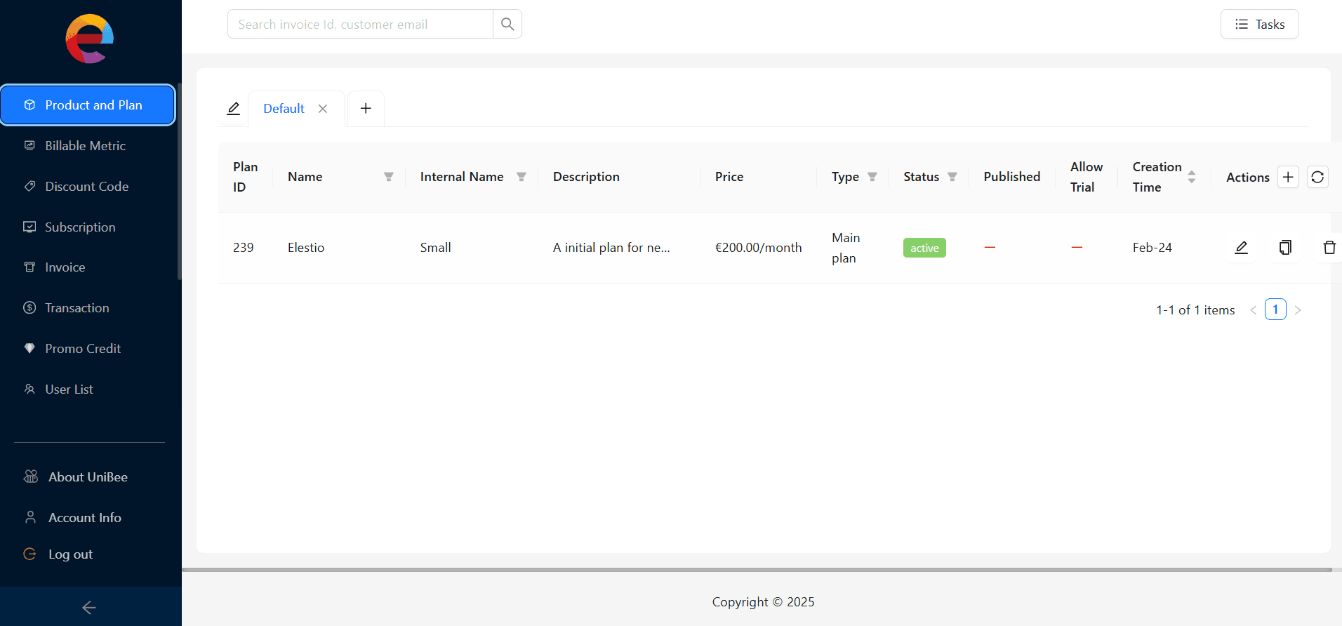 UniBee dashboard screenshot