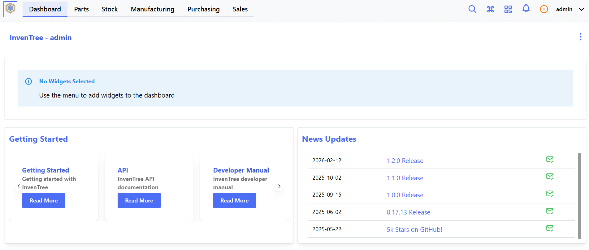 InvenTree dashboard screenshot