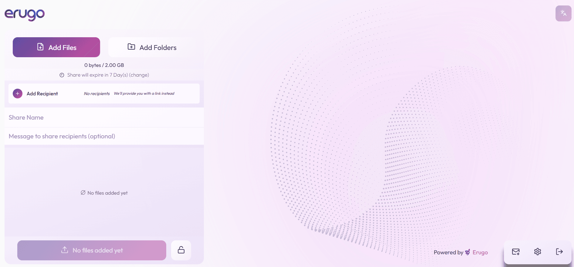 Erugo dashboard screenshot