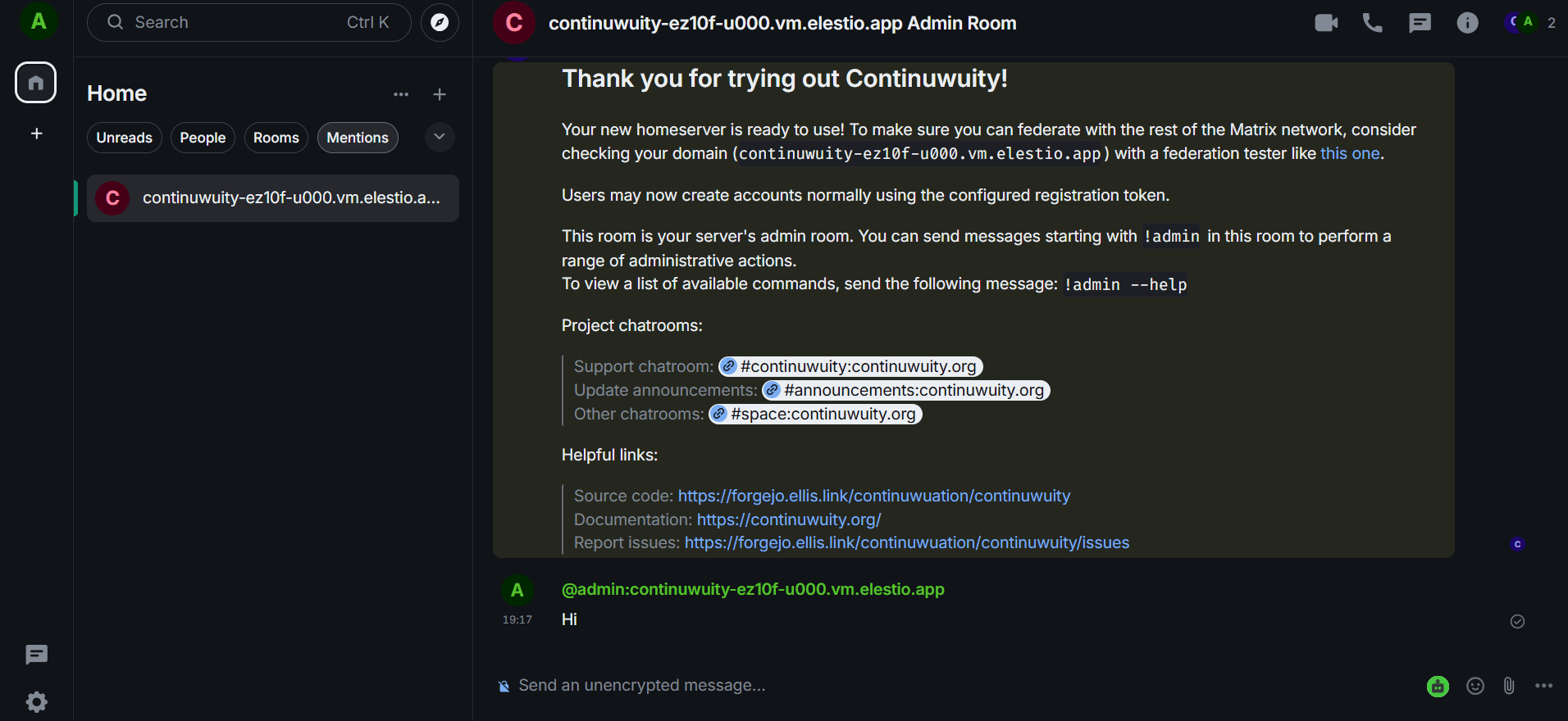 Continuwuity dashboard screenshot