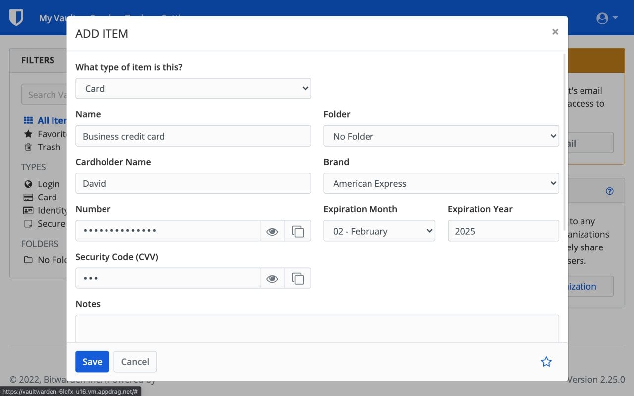 Vaultwarden dashboard screenshot