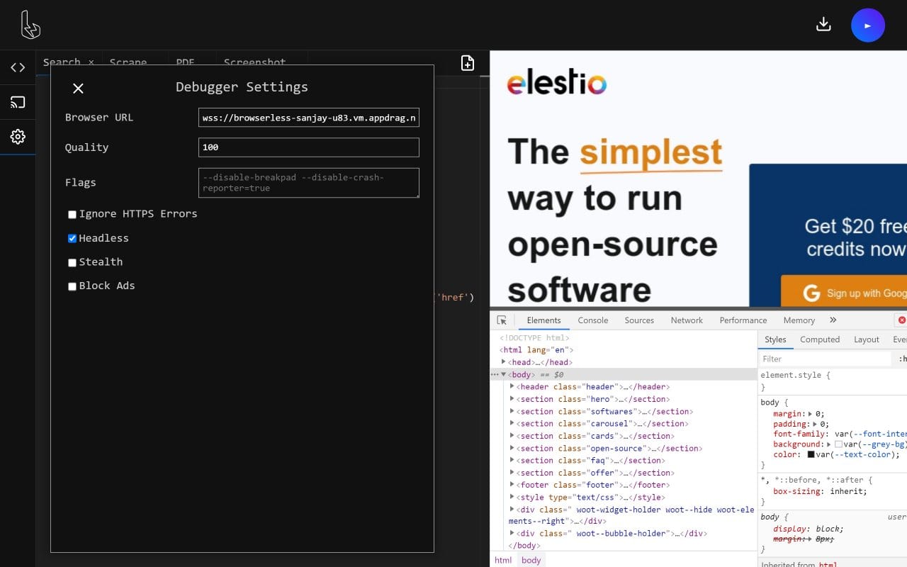 Browserless dashboard screenshot