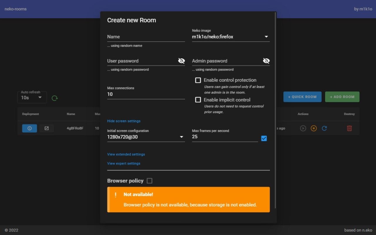 Neko Rooms dashboard screenshot