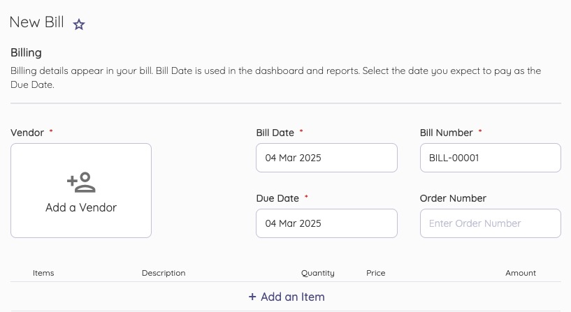 Akaunting New Bill screen