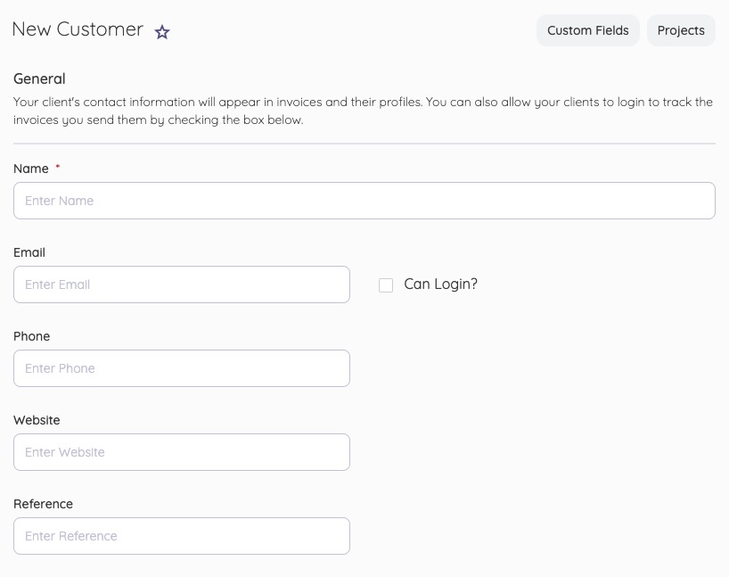 Akaunting New Customer screen