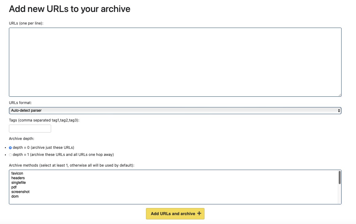 ArchiveBox Add Archive screen