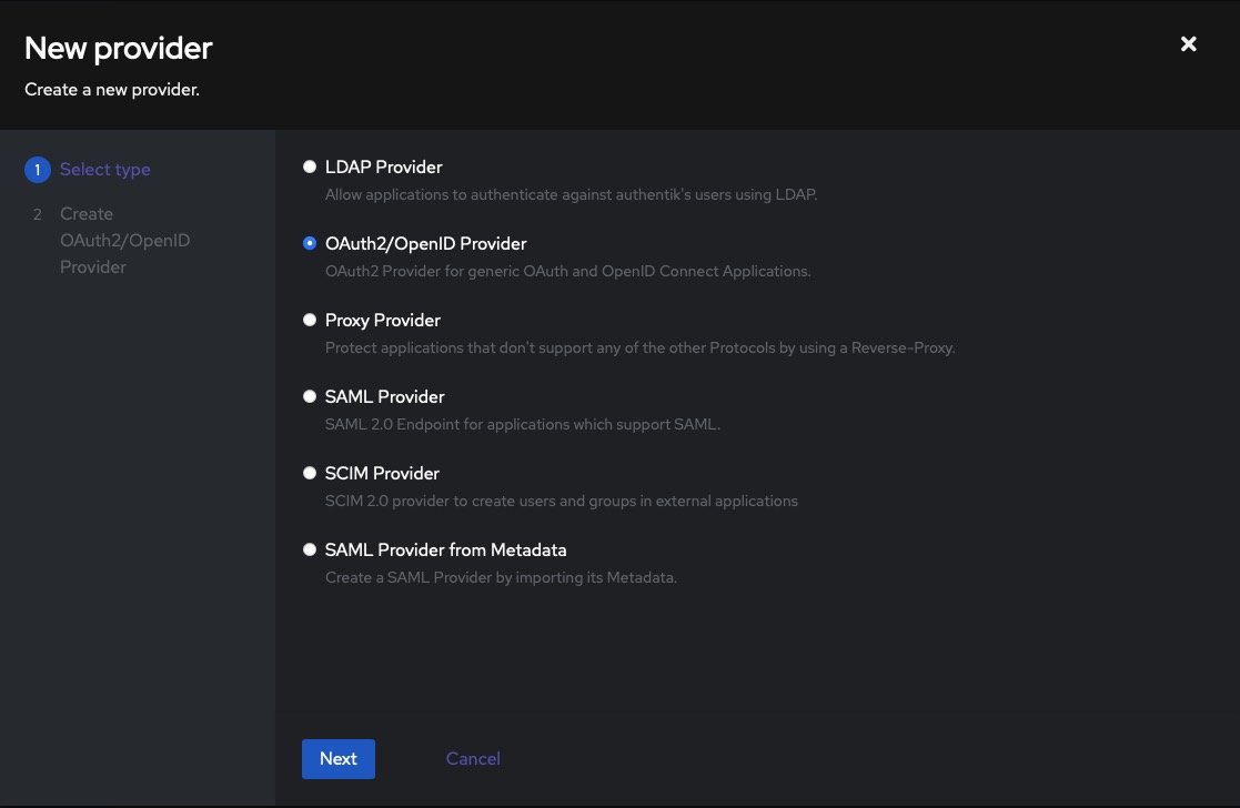 Authentik providers screen