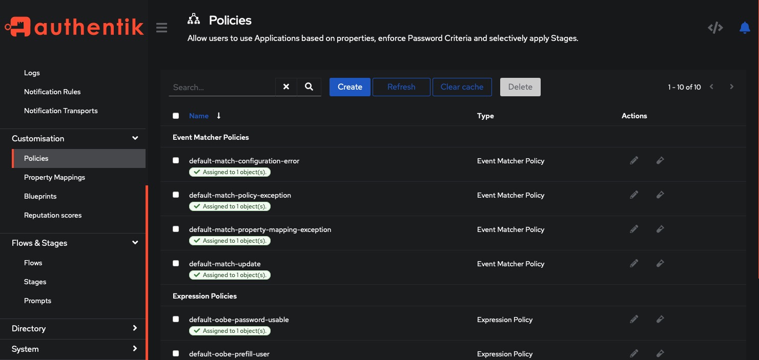 Authentik policies screen
