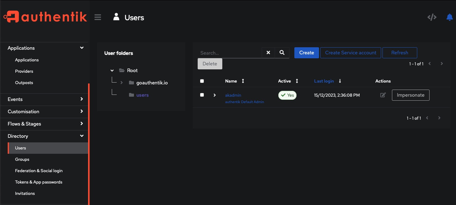 Authentik users screen