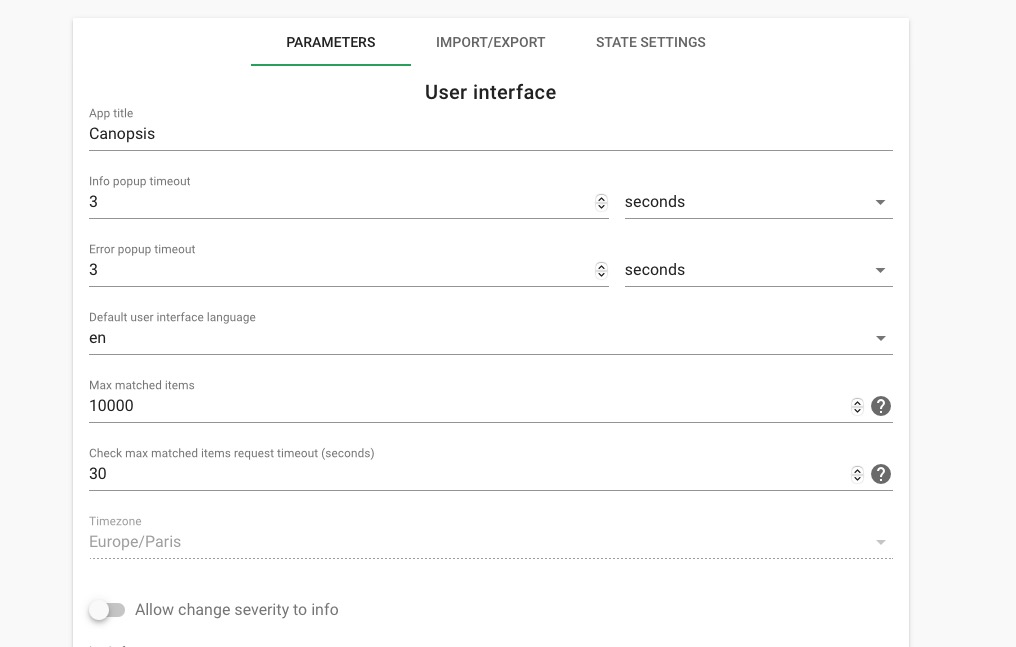 Canopsis parameters screen