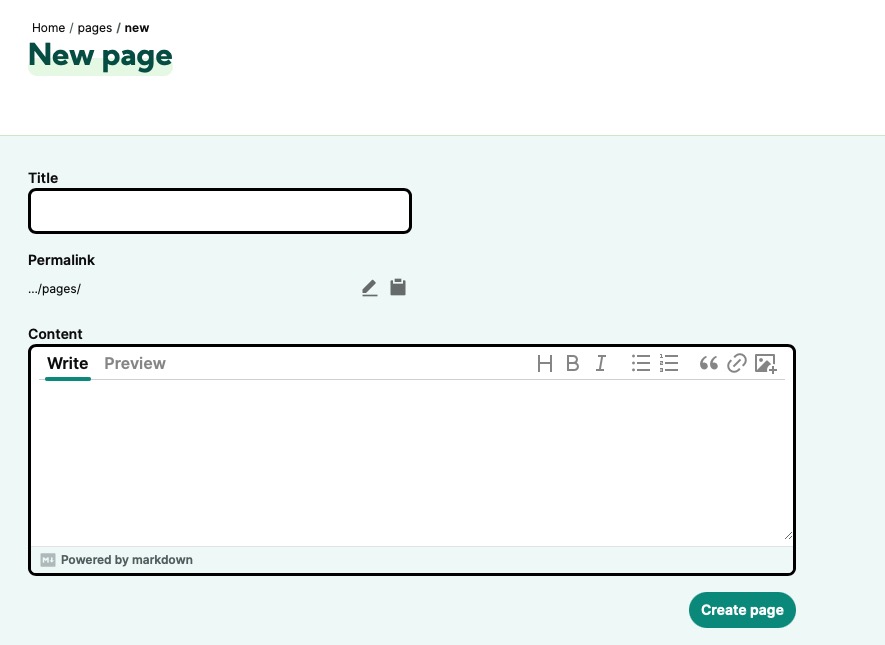 Castopod creating new page screen