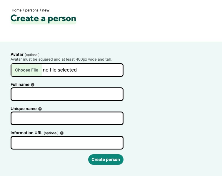 Castopod create a person screen