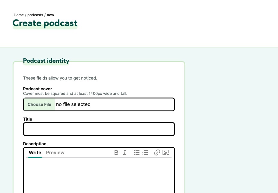 Castopod create new podcasts screen
