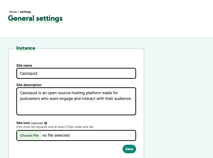 Castopod setting screen