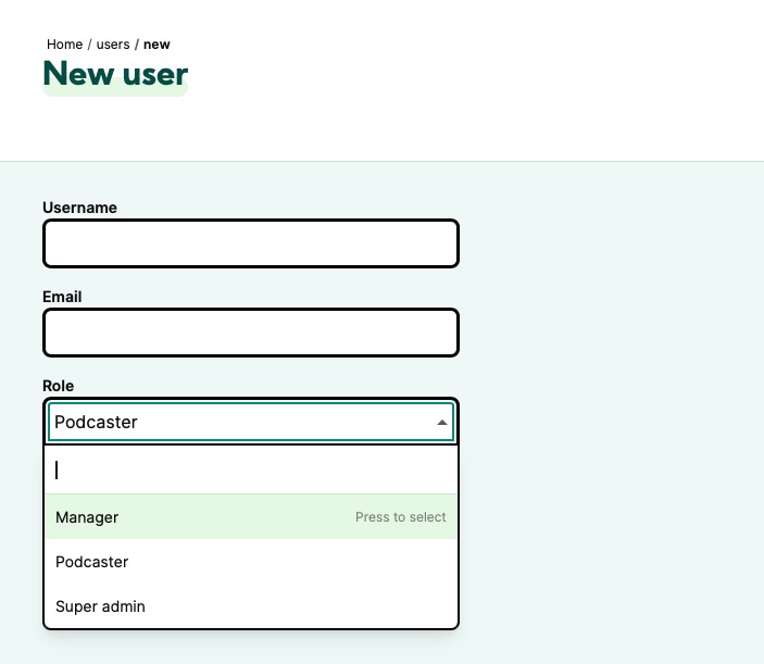 Castopod creating user screen
