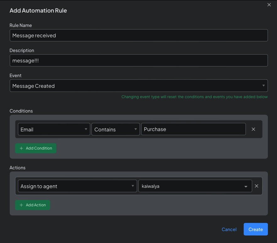 Chatwoot create automation