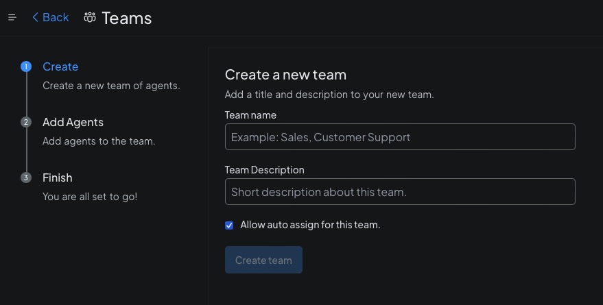 Chatwoot create team