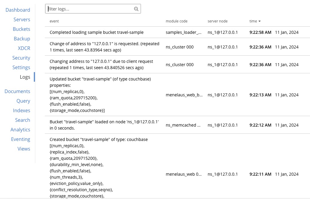 Couchbase logs screen