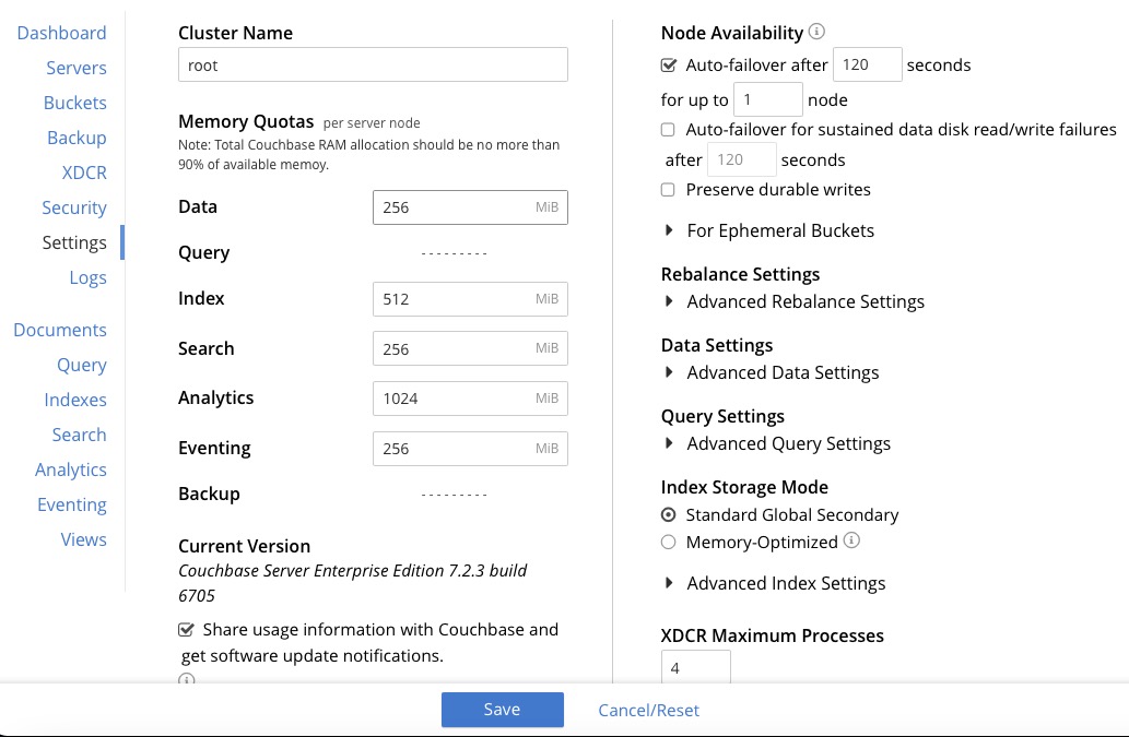 Couchbase settings screen