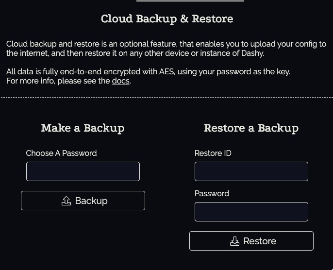Dashy Cloud Backup & Restore screen