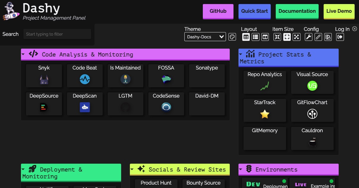 Dashy Project Management Panel screen