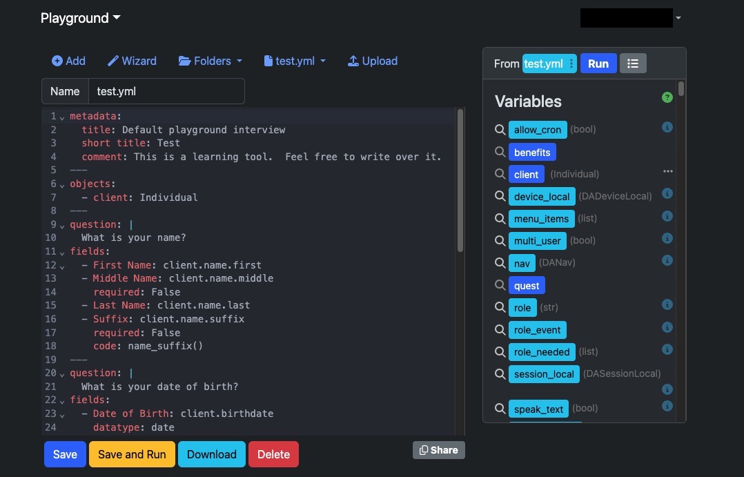 Docassemble playground screen