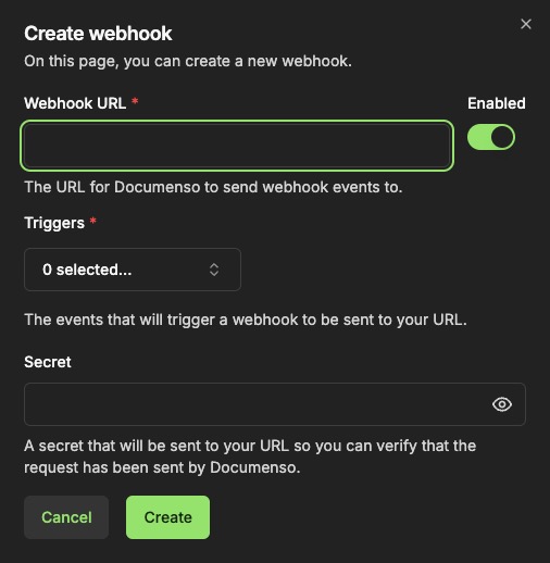 Documenso Creating Webhooks screen