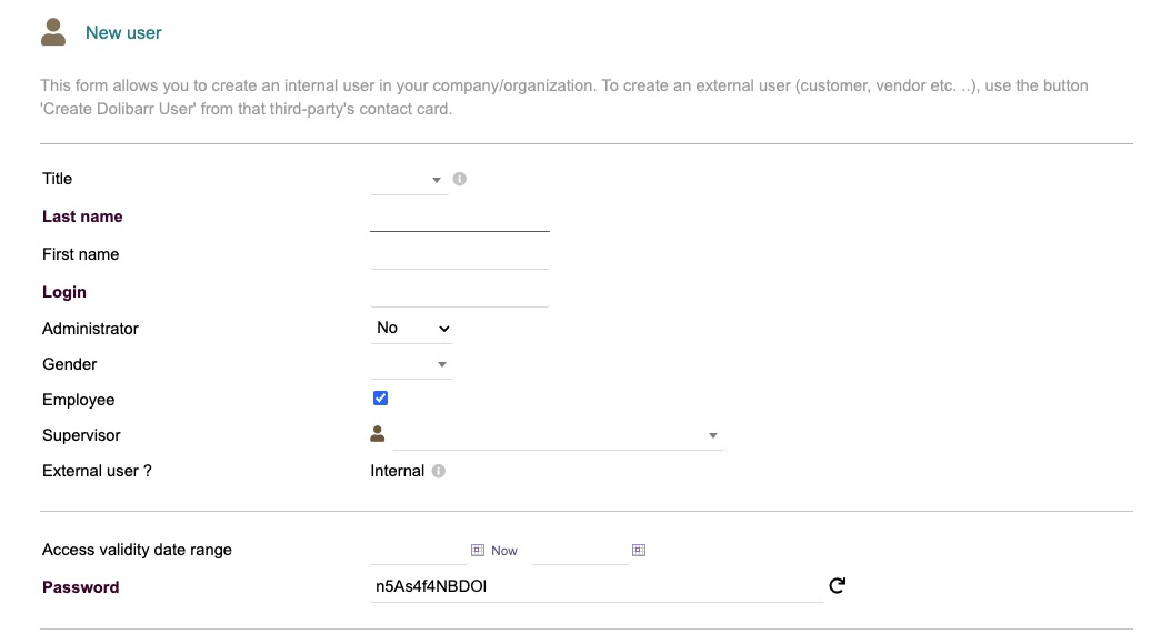 Dolibarr creating new User screen