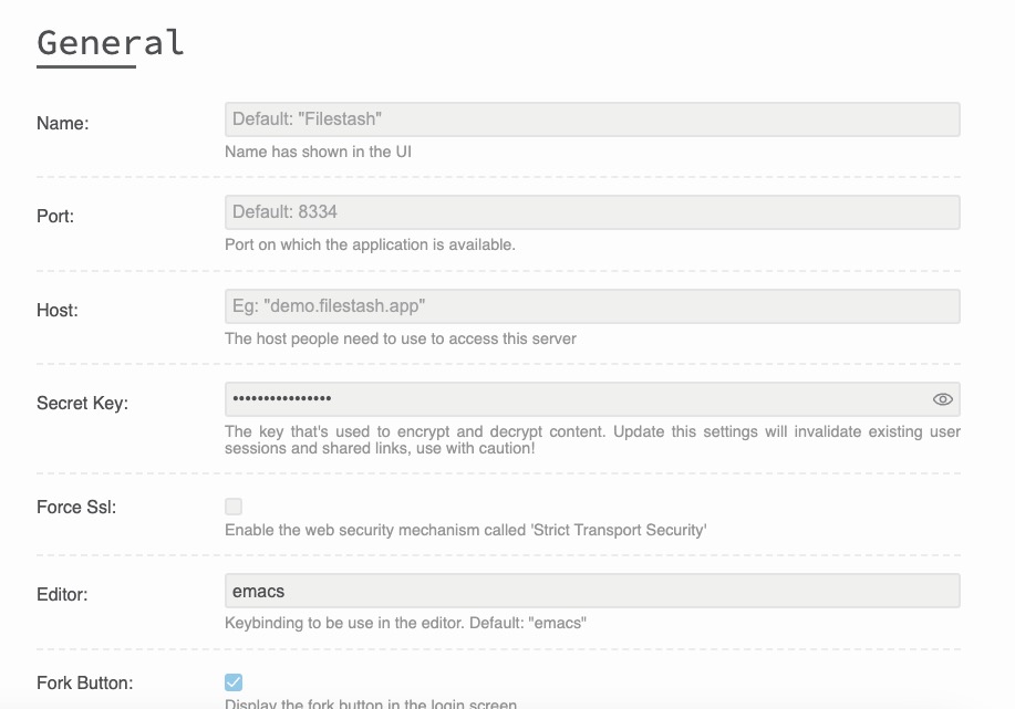 Filestash Settings screen
