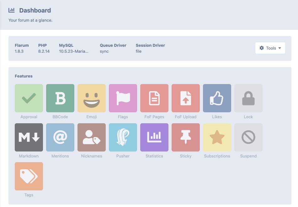 Flarum Dashboard screen